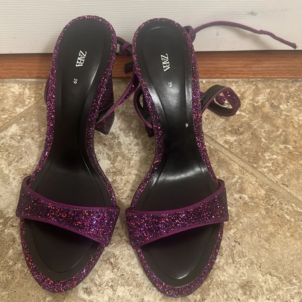 Zara Purple Glitter Block Heel Sandals w/ Ankle Strap Size 7.5 - Picture 8 of 11